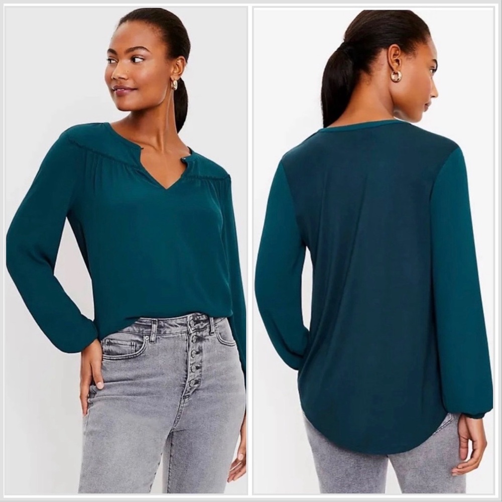 NWT Ann Taylor LOFT Long-Sleeve Keyhole Split Neck Blouse Green Large Shirred